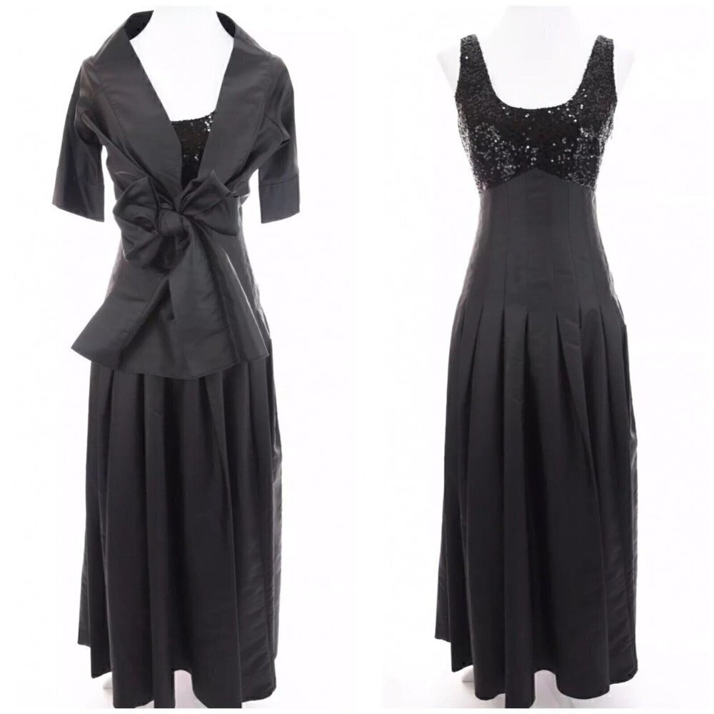 Calvin Klein Long Formal Black Sequin Pleated Ball Gown Dress Jacket Set Sz 6